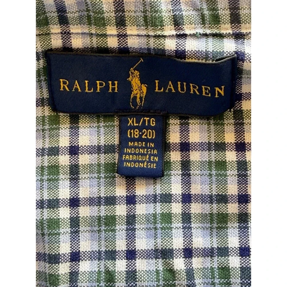 Ralph Lauren Boys Green Blue Plaid Cotton Button-Down Long Sleeve Shirt XL 14-16